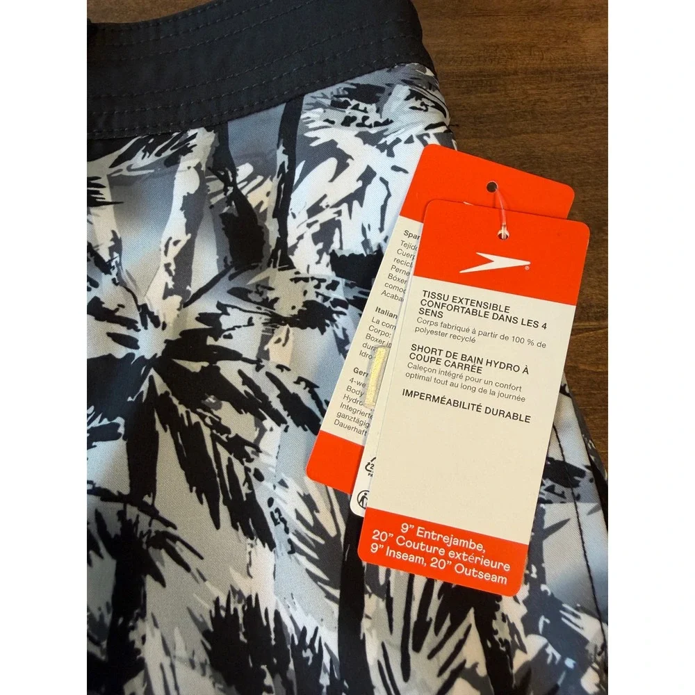 Speedo Mens Hydro Swim Trunks Black White Palm Tree Print 9 Inseam Size Med